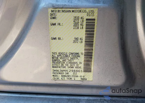 2015 Nissan Altima 2.5 Sv из США, поврежденный, VIN 1N4AL3AP4FC298865